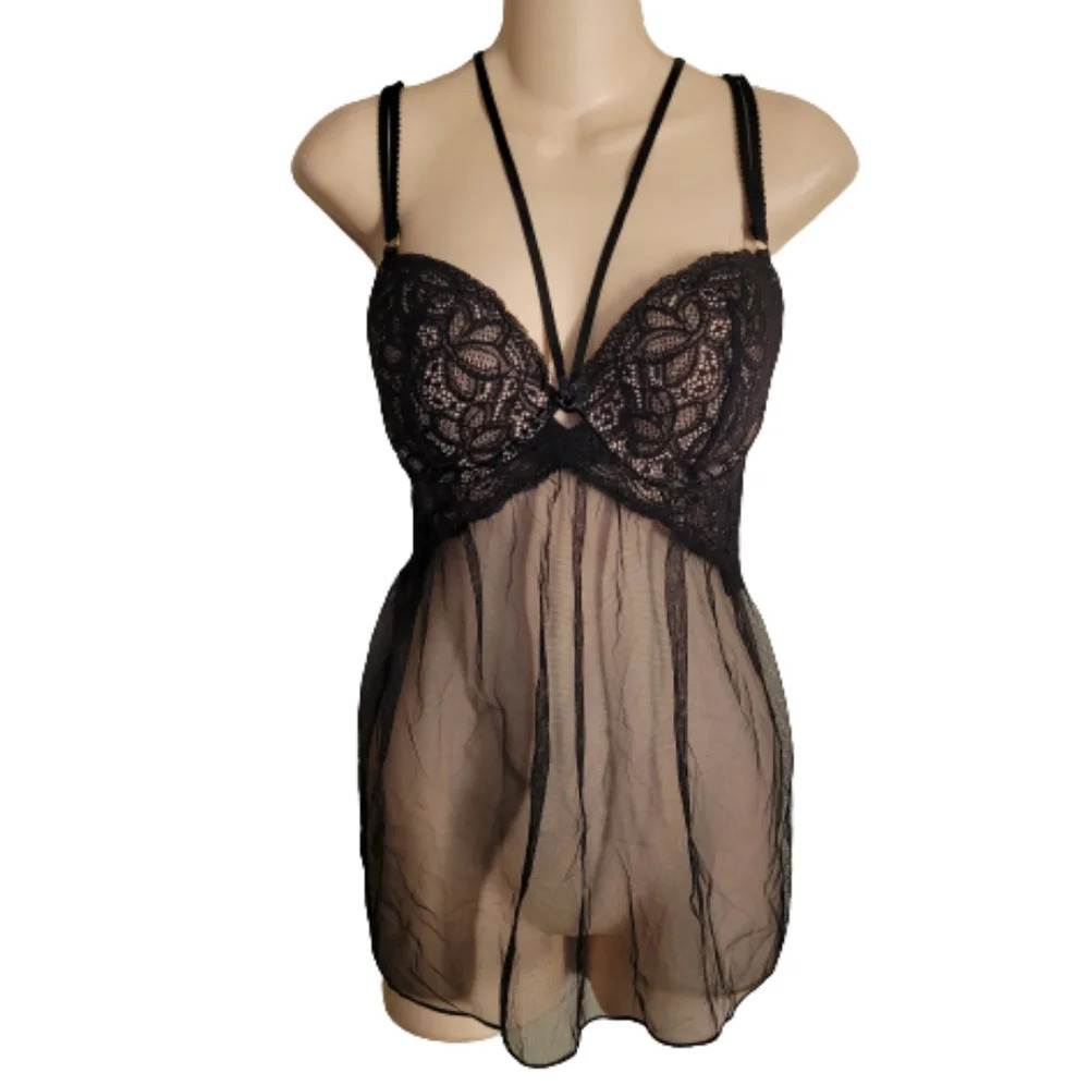 Victoria's Secret Black Lace Push Up Strappy Baby Doll Lingerie Size Women's 36D